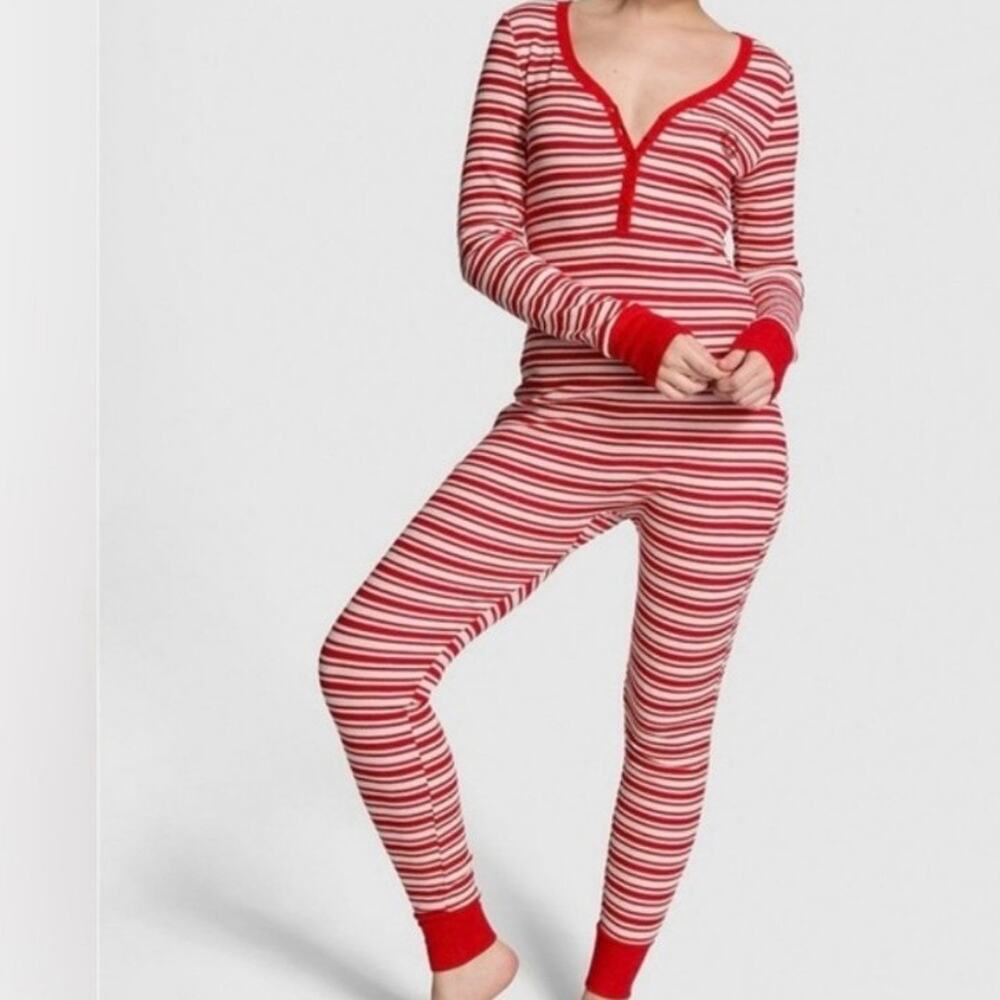 Victoria's Secret Pink Pajamas Thermal Long Johns Red White Striped Size LG NWT